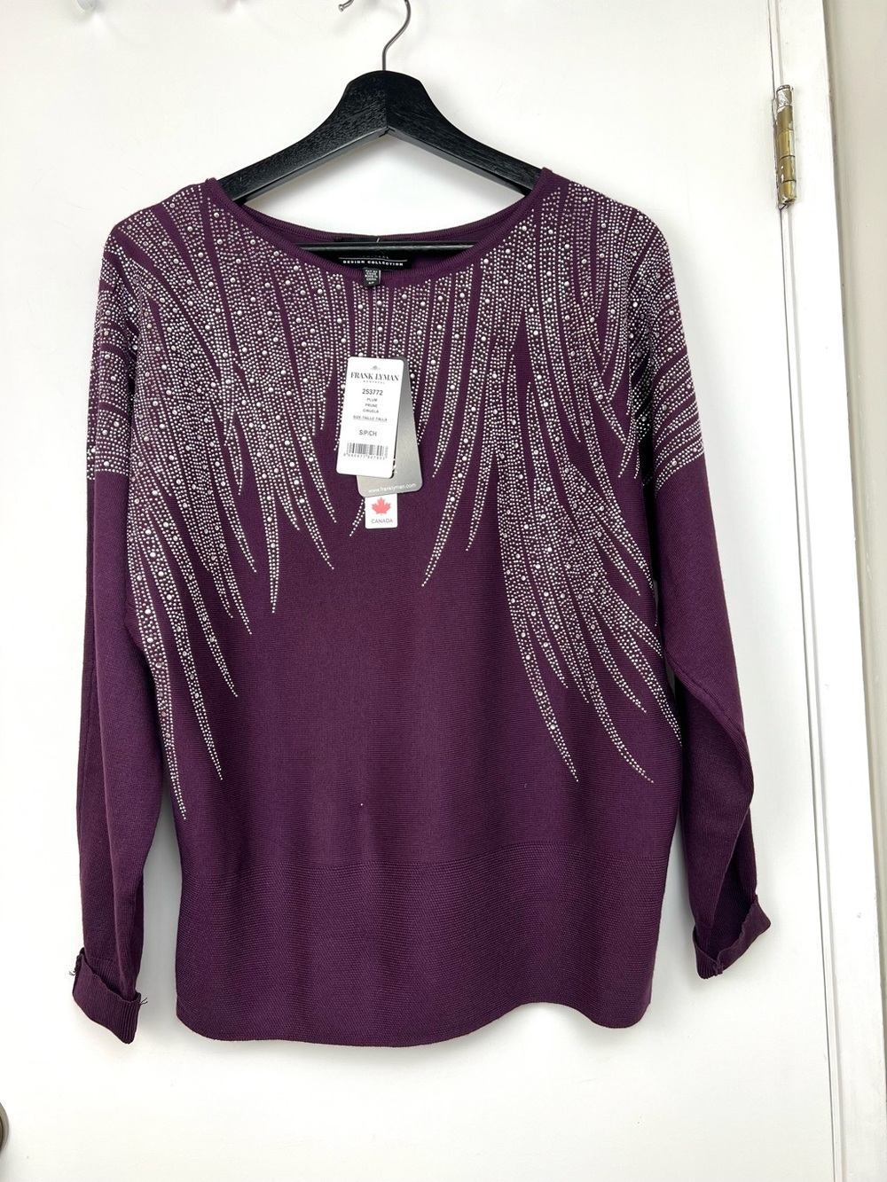 Frank Lyman NWT Dolman Sleeve Rhinestone Knit Top size S Plum Mob Wife 80s Retro